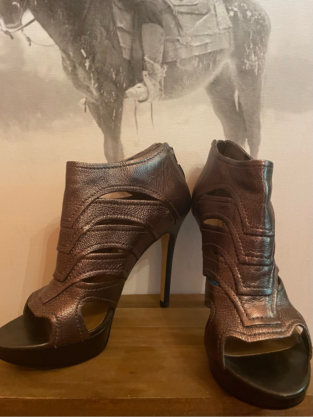 Guess Metallic Pewter Open-Toe Stiletto Booties 7.5 5” heel